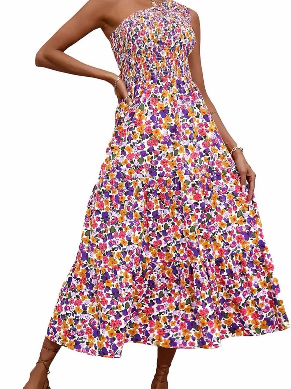 Floral One-Shoulder Maxi Dress - Size M